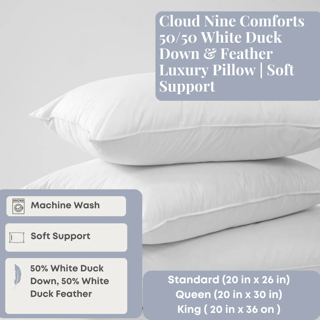 Cloud Nine Comforts 50/50 White Duck Down & Feather Luxury Pillow | Soft Support - Image 2