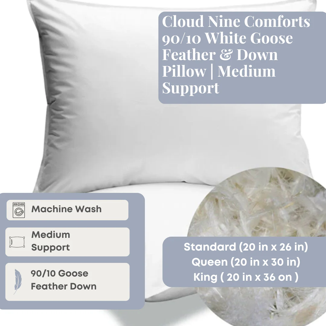 Cloud Nine Comforts 90/10 White Goose Feather & Down Pillow | Medium Support - Image 2