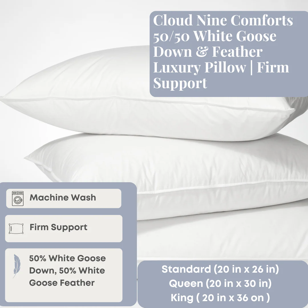 Cloud Nine Comforts 50/50 White Goose Down & Feather Luxury Pillow | Firm Support - Image 2