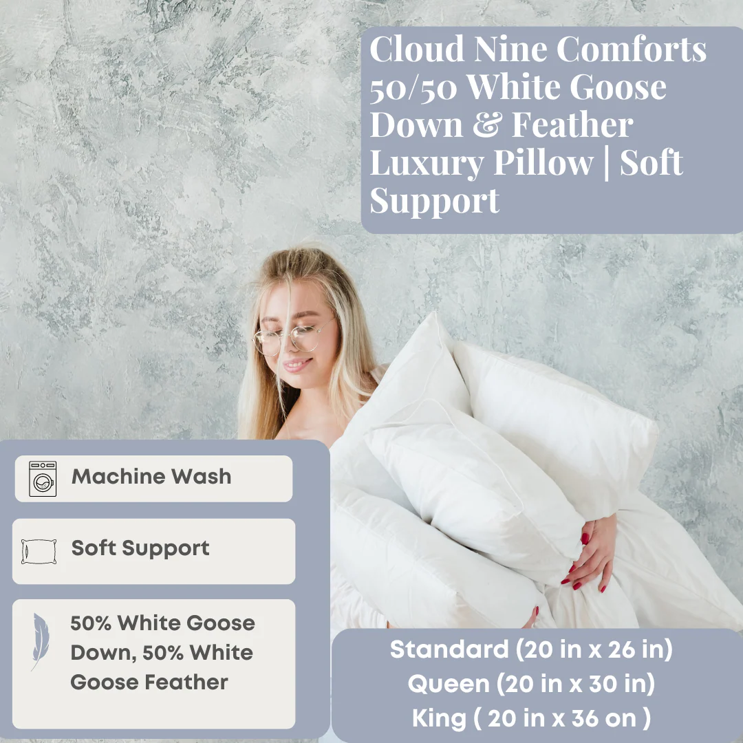 Cloud Nine Comforts 50/50 White Goose Down & Feather Luxury Pillow | Soft Support - Image 2